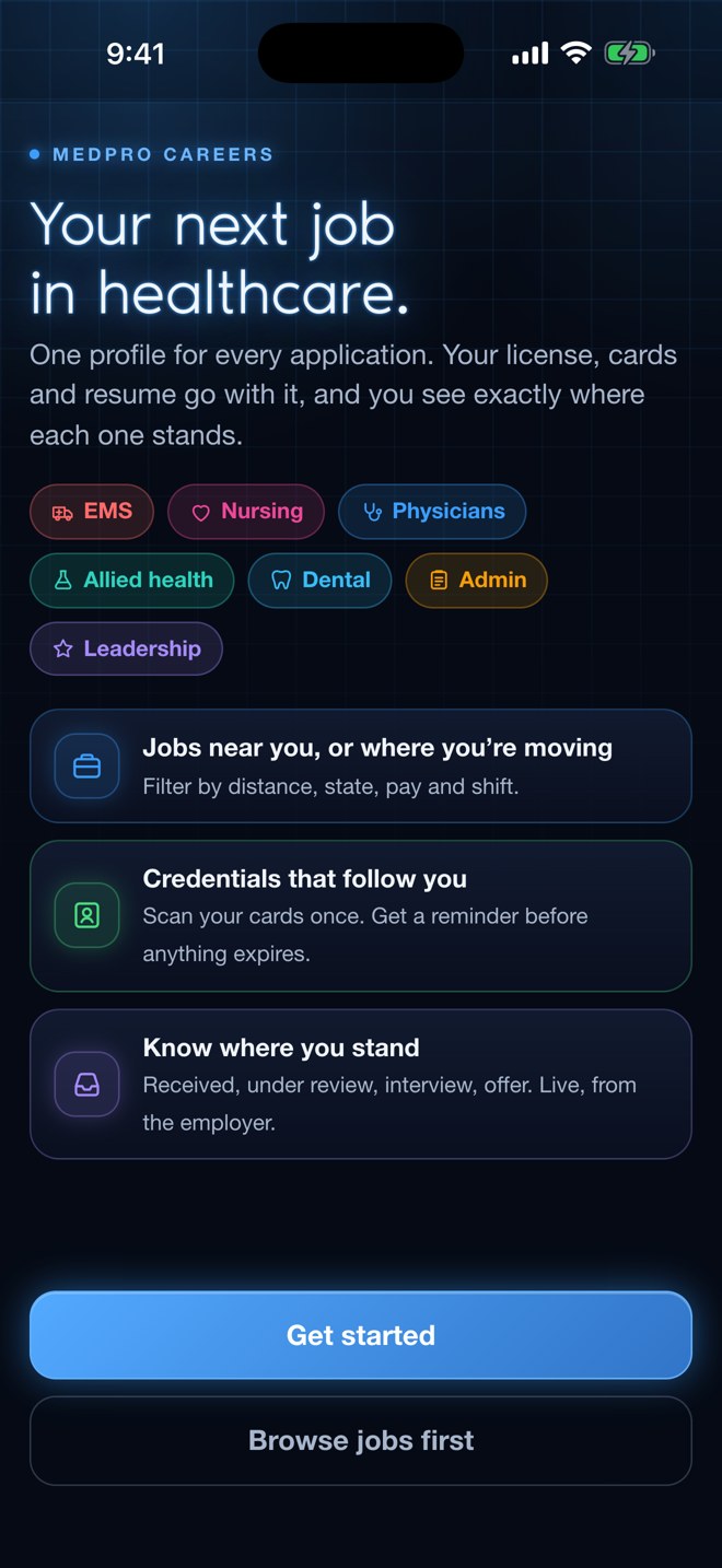 MedPro Careers app opening screen: Your next job in healthcare